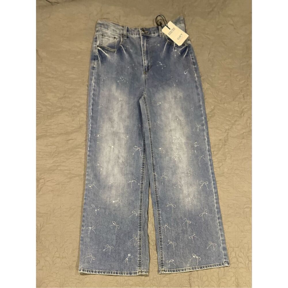 OAT New York High Rise Wide Leg 8/29 Rhinestone Bows Jeans New